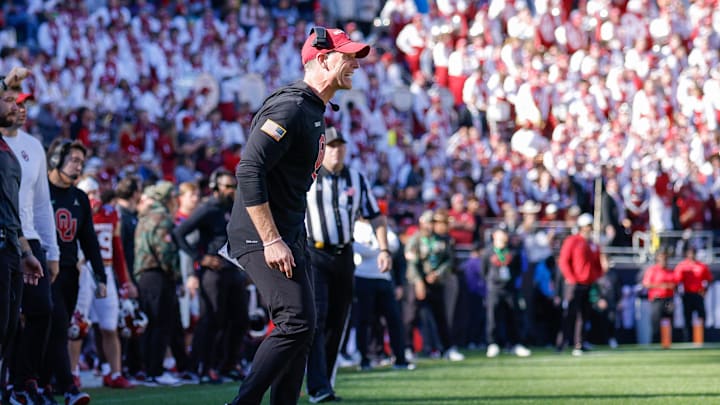 Dec 27, 2024; Fort Worth, TX, USA; Oklahoma Sooners head coach Brent Venables yells out to his players during the fourth quarter against the Navy Midshipmen at Amon G. Carter Stadium. Mandatory Credit: Andrew Dieb-Imagn Images
