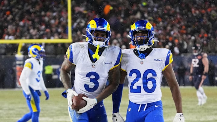 Jan 18, 2026; Chicago, IL, USA; Los Angeles Rams safety Kam Curl (3) celebrates with safety Kamren Kinchens (26) after intercepting a pass intended for Chicago Bears wide receiver DJ Moore (not pictured) during overtime of an NFC Divisional Round game at Soldier Field. Mandatory Credit: David Banks-Imagn Images Jan 18, 2026; Chicago, IL, USA; Los Angeles Rams safety Kam Curl (3) celebrates with safety Kamren Kinchens (26) after intercepting a pass intended for Chicago Bears wide receiver DJ Moore (not pictured) during overtime of an NFC Divisional Round game at Soldier Field. Mandatory Credit: David Banks-Imagn Images