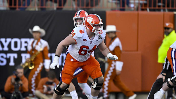 Dec 21, 2024; Austin, Texas, USA; Clemson Tigers offensive lineman Walker Parks (64) in action during the game between the Texas Longhorns and the Clemson Tigers in the CFP National Playoff First Round at Darrell K Royal-Texas Memorial Stadium. Mandatory Credit: Jerome Miron-Imagn Images