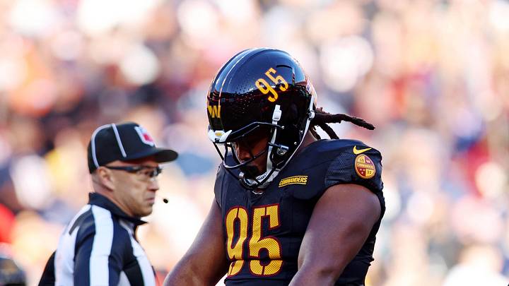 Washington Commanders defensive tackle Jer'Zhan Newton (95) celebrates after a sack Washington Commanders defensive tackle Jer'Zhan Newton (95) celebrates after a sack