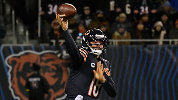 Jan 4, 2026; Chicago, Illinois, USA; Chicago Bears quarterback Caleb Williams (18) passes the ball against the Detroit Lions during the second half at Soldier Field. Mandatory Credit: Matt Marton-Imagn Images