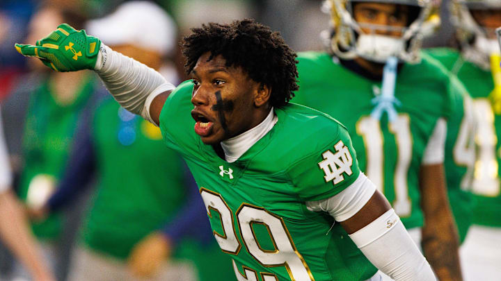 Notre Dame cornerback Christian Gray (29) celebrates winning a NCAA college football game 31-24 against Louisville at Notre Dame Stadium on Saturday, Sept. 28, 2024, in South Bend. Notre Dame cornerback Christian Gray (29) celebrates winning a NCAA college football game 31-24 against Louisville at Notre Dame Stadium on Saturday, Sept. 28, 2024, in South Bend.