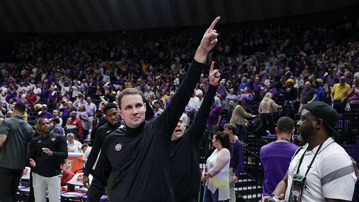 Mar 5, 2022; Baton Rouge, Louisiana, USA; LSU Tigers head coach Will Wade reacts to defeating the Alabama Crimson Tide in overtime at the Pete Maravich Assembly Center. Mandatory Credit: Stephen Lew-Imagn Images