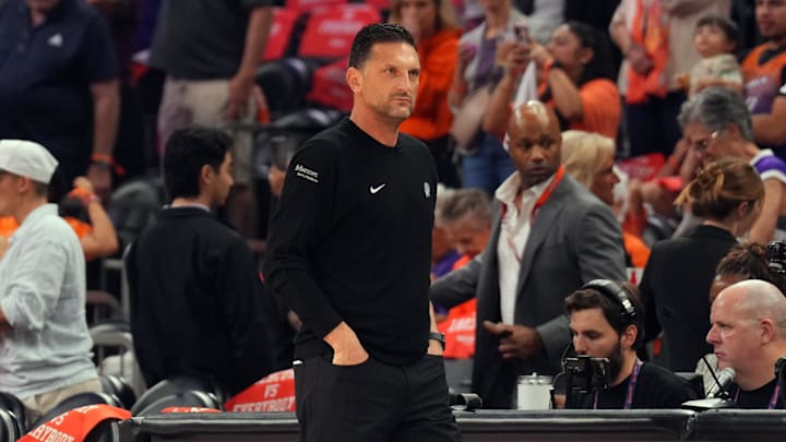 Sep 19, 2025; Phoenix, Arizona, USA; Phoenix Mercury head coach Nate Tibbetts reacts against the New York Liberty during the first half of game three of round one for the 2025 WNBA Playoffs at PHX Arena. Mandatory Credit: Joe Camporeale-Imagn Images