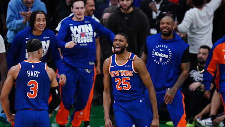 May 5, 2025; Boston, Massachusetts, USA; New York Knicks forward Mikal Bridges (25) reacts after stripping the ball from Boston Celtics guard Jaylen Brown (7) (not pictured) winning the game in overtime during game one of the second round for the 2025 NBA Playoffs at TD Garden. Mandatory Credit: David Butler II-Imagn Images
