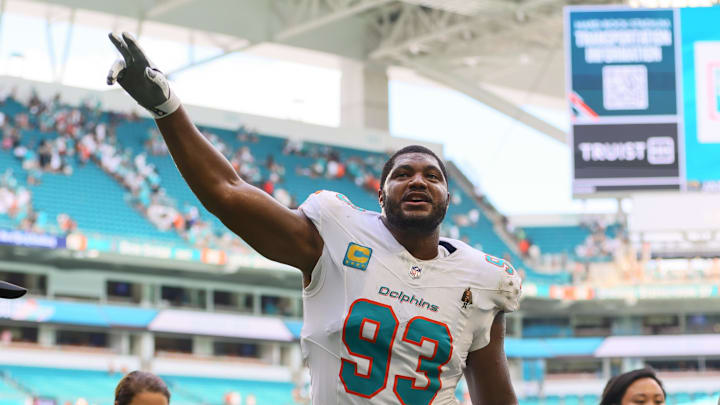 Miami Dolphins defensive tackle Calais Campbell (93) celebrates after the game against the Jacksonville Jaguars  at Hard Rock Stadium.