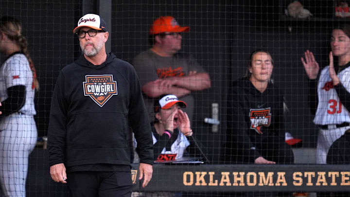 Oklahoma State coach Kenny Gajewski watches during a college softball game between the Oklahoma State University Cowgirls (OSU) and the Baylor Bears in Stillwater, Okla., Friday, March 21, 2025.