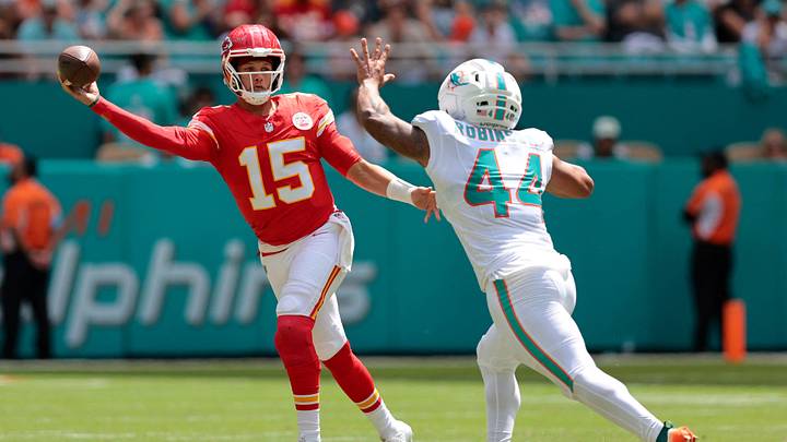 Kansas City Chiefs quarterback Patrick Mahomes (15) passes the ball against Miami Dolphins defensive end Chop Robinson (44) during the first quarter at Hard Rock Stadium. Kansas City Chiefs quarterback Patrick Mahomes (15) passes the ball against Miami Dolphins defensive end Chop Robinson (44) during the first quarter at Hard Rock Stadium.