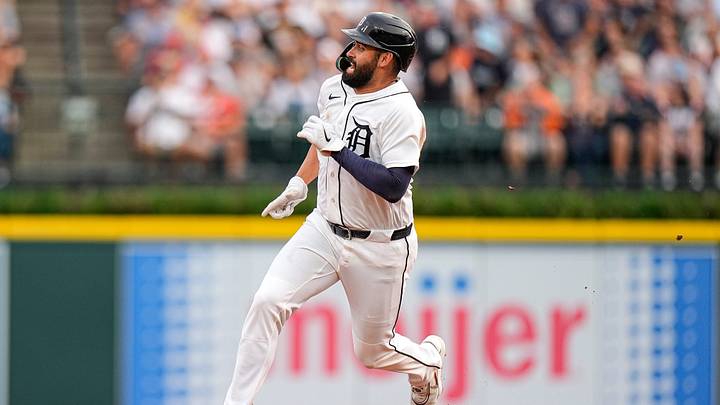 Detroit Tigers left fielder Riley Greene (31) runs past second base to score a run against Cleveland Guardians during the second inning at Comerica Park in Detroit on Tuesday, August 11, 2026. Detroit Tigers left fielder Riley Greene (31) runs past second base to score a run against Cleveland Guardians during the second inning at Comerica Park in Detroit on Tuesday, August 11, 2026.