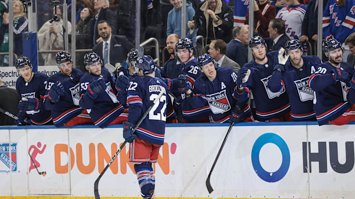 Mar 17, 2024; New York, New York, USA; New York Rangers center Jonny Brodzinski (22) celebrates his
