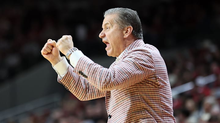 Dec 6, 2025; North Little Rock, Arkansas, USA; Arkansas Razorbacks head coach John Calipari during the first half against the Fresno State Bulldogs at Simmons Bank Arena. Arkansas won 82-58. Mandatory Credit: Nelson Chenault-Imagn Images Dec 6, 2025; North Little Rock, Arkansas, USA; Arkansas Razorbacks head coach John Calipari during the first half against the Fresno State Bulldogs at Simmons Bank Arena. Arkansas won 82-58. Mandatory Credit: Nelson Chenault-Imagn Images