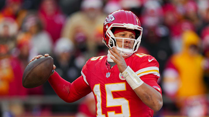 Dec 14, 2025; Kansas City, Missouri, USA; Kansas City Chiefs quarterback Patrick Mahomes (15) throws a pass during the second half against the Los Angeles Chargers at GEHA Field at Arrowhead Stadium. Mandatory Credit: Jay Biggerstaff-Imagn Images