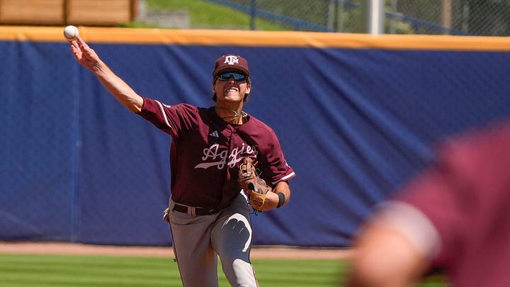 Hoover, AL, USA; Texas A&M shortstop Kaeden Kent (6) fields and throws to first for an out during the game with Mississippi State in the first round of the SEC Baseball Tournament at the Hoover Met. Hoover, AL, USA; Texas A&M shortstop Kaeden Kent (6) fields and throws to first for an out during the game with Mississippi State in the first round of the SEC Baseball Tournament at the Hoover Met.