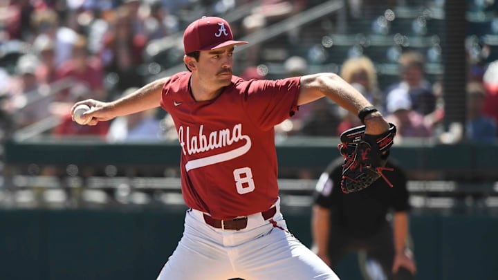 Mar 30, 2024; Tuscaloosa, Alabama, USA; Alabama pitcher Tyler Fay (8) pitches in relief at Sewell-Thomas Stadium in the final game of the weekend series. South Carolina held on for a 9-8 victory.