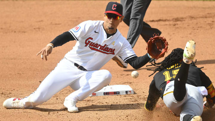 Sep 1, 2024; Cleveland, Ohio, USA; Pittsburgh Pirates designated hitter Oneil Cruz (15) steals second base beside Cleveland Guardians second baseman Andres Gimenez (0) in the seventh inning at Progressive Field. Sep 1, 2024; Cleveland, Ohio, USA; Pittsburgh Pirates designated hitter Oneil Cruz (15) steals second base beside Cleveland Guardians second baseman Andres Gimenez (0) in the seventh inning at Progressive Field.