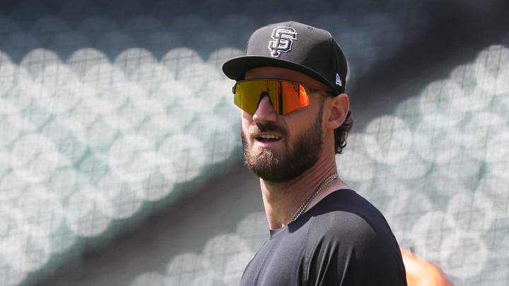 May 23, 2026; San Francisco, California, USA; San Francisco Giants designated hitter Bryce Eldridge (8) before the game against the Chicago White Sox at Oracle Park. Mandatory Credit: Darren Yamashita-Imagn Images