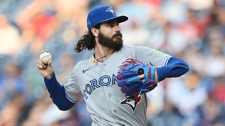 Sep 2, 2026; Cleveland, Ohio, USA; Toronto Blue Jays pitcher Dylan Cease (84) throws a pitch during the first inning against the Cleveland Guardians at Progressive Field. Mandatory Credit: Ken Blaze-Imagn Images