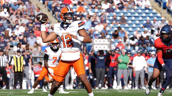 Oct 3, 2026; East Hartford, Connecticut, USA; Syracuse Orange quarterback Amari Odom (12) throws the ball against the Connecticut Huskies during the second half at Pratt & Whitney Stadium at Rentschler Field. Mandatory Credit: Gregory Fisher-Imagn Images Oct 3, 2026; East Hartford, Connecticut, USA; Syracuse Orange quarterback Amari Odom (12) throws the ball against the Connecticut Huskies during the second half at Pratt & Whitney Stadium at Rentschler Field. Mandatory Credit: Gregory Fisher-Imagn Images