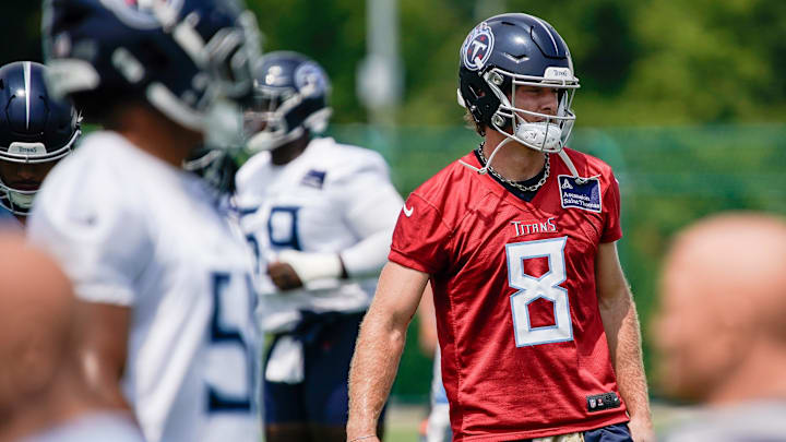 Tennessee Titans quarterback Will Levis (8) prepares for a drill during minicamp practice at Ascension Saint Thomas Sports Park in Nashville, Tenn., Wednesday, June 11, 2025.