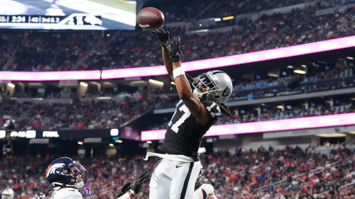 Jan 7, 2024; Paradise, Nevada, USA; Las Vegas Raiders wide receiver Davante Adams (17) misses a pass in the end zone against the Denver Broncos during the fourth quarter at Allegiant Stadium. Mandatory Credit: Stephen R. Sylvanie-USA TODAY Sports