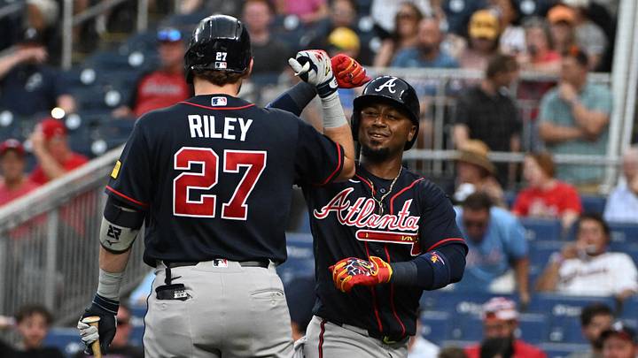 Sep 1, 2026; Washington, District of Columbia, USA; Atlanta Braves second baseman Ozzie Albies (1) is congratulated by third baseman Austin Riley (27) after hitting a solo home run against the Washington Nationals during the second inning at Nationals Park. Mandatory Credit: Brad Mills-Imagn Images Sep 1, 2026; Washington, District of Columbia, USA; Atlanta Braves second baseman Ozzie Albies (1) is congratulated by third baseman Austin Riley (27) after hitting a solo home run against the Washington Nationals during the second inning at Nationals Park. Mandatory Credit: Brad Mills-Imagn Images