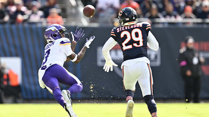 Jordan Addison can't make the catch after getting behind Tyrique Stevenson last season at Soldier Field in a 19-13 Vikings win.