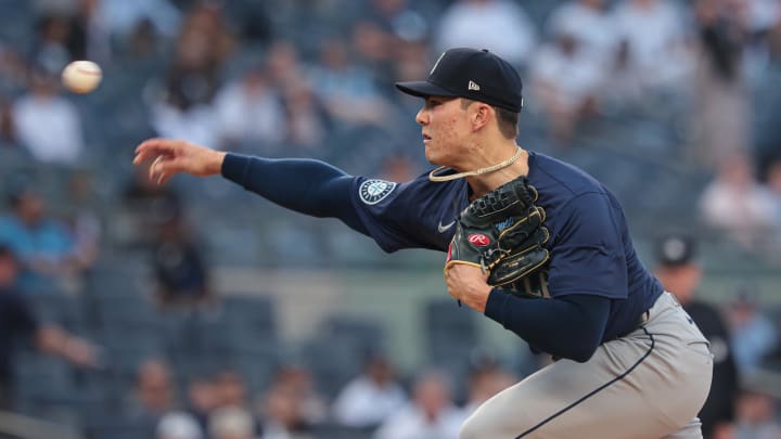 Seattle Mariners starting pitcher Bryan Woo (22) delivers a pitch against the New York Yankees in May at Yankee Stadium.