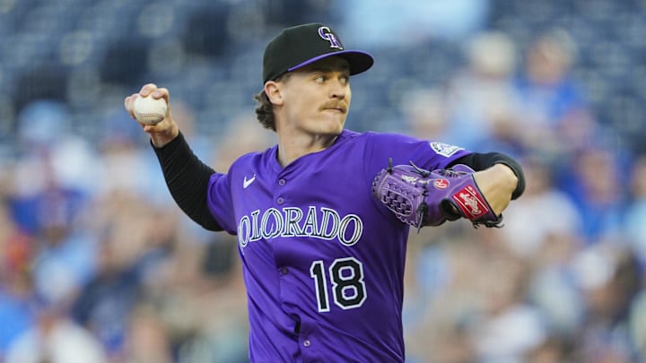 Apr 22, 2025; Kansas City, Missouri, USA; Colorado Rockies starting pitcher Ryan Feltner (18) pitches during the first inning against the Kansas City Royals at Kauffman Stadium. Mandatory Credit: Jay Biggerstaff-Imagn Images