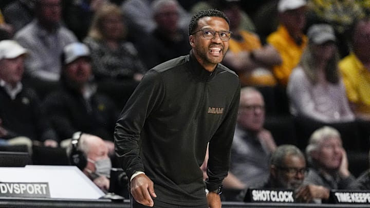 Jan 7, 2026; Winston-Salem, North Carolina, USA; Miami (FL) Hurricanes head coach Jai Lucas during the first half against the Wake Forest Demon Deacons at Lawrence Joel Veterans Memorial Coliseum. Mandatory Credit: Jim Dedmon-Imagn Images