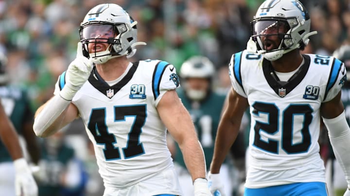 Dec 8, 2024; Philadelphia, Pennsylvania, USA; Carolina Panthers linebacker Josey Jewell (47) celebrates a sack  against the Philadelphia Eagles at Lincoln Financial Field. Mandatory Credit: Eric Hartline-Imagn Images