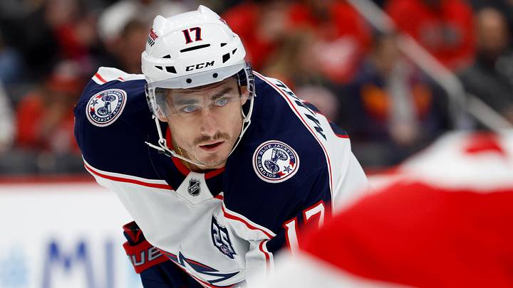 Apr 7, 2026; Detroit, Michigan, USA; Columbus Blue Jackets left wing Mason Marchment (17) gets set during a face off in the first period against the Detroit Red Wings at Little Caesars Arena. Mandatory Credit: Rick Osentoski-Imagn Images Apr 7, 2026; Detroit, Michigan, USA; Columbus Blue Jackets left wing Mason Marchment (17) gets set during a face off in the first period against the Detroit Red Wings at Little Caesars Arena. Mandatory Credit: Rick Osentoski-Imagn Images