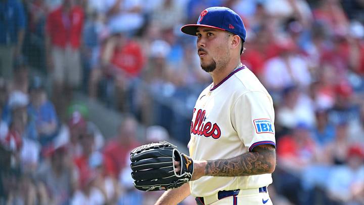 Aug 9, 2026; Philadelphia, Pennsylvania, USA; Philadelphia Phillies pitcher Orion Kerkering (50) walks off the mound after the eighth inning against the Toronto Blue Jays at Citizens Bank Park. Mandatory Credit: Eric Hartline-Imagn Images