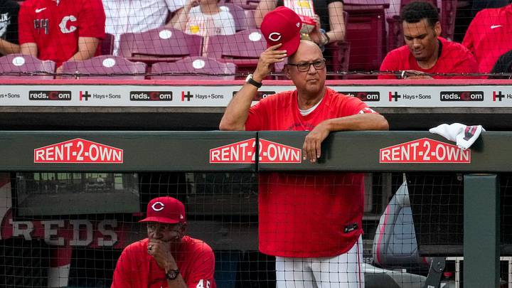 Cincinnati Reds manager Terry Francona (77) looks on from the dugout in the first inning of the MLB National League game between the San Diego Padres and the Cincinnati Reds at Great American Ball Park in Cincinnati on Tuesday, Sept. 1, 2026.