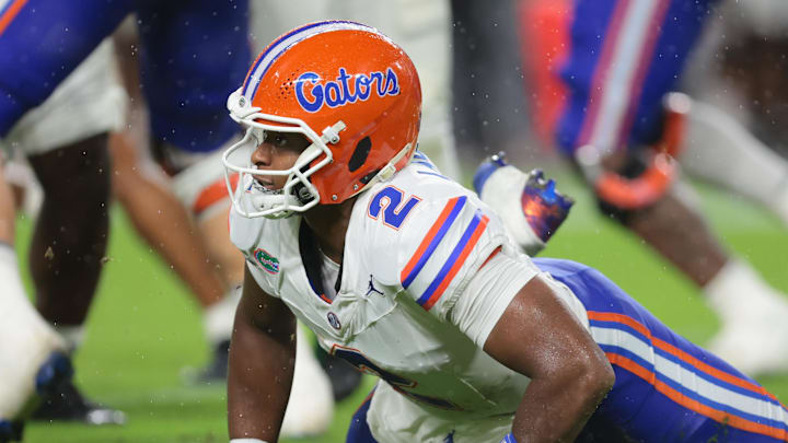 Sep 20, 2025; Miami Gardens, Florida, USA; Florida Gators quarterback DJ Lagway (2) watches after tossing the football against the Miami Hurricanes during the first quarter at Hard Rock Stadium. Mandatory Credit: Sam Navarro-Imagn Images
