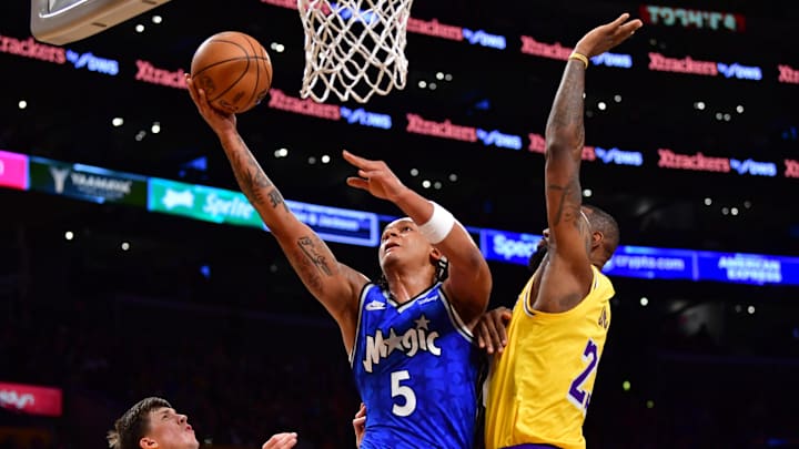Oct 30, 2023; Los Angeles, California, USA;  Orlando Magic forward Paolo Banchero (5) moves to the