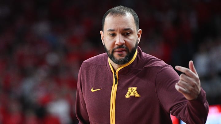 Mar 1, 2025; Lincoln, Nebraska, USA;  Minnesota Golden Gophers head coach Ben Johnson looks down the bench during the game against the Nebraska Cornhuskers during the first half at Pinnacle Bank Arena. Mandatory Credit: Steven Branscombe-Imagn Images
