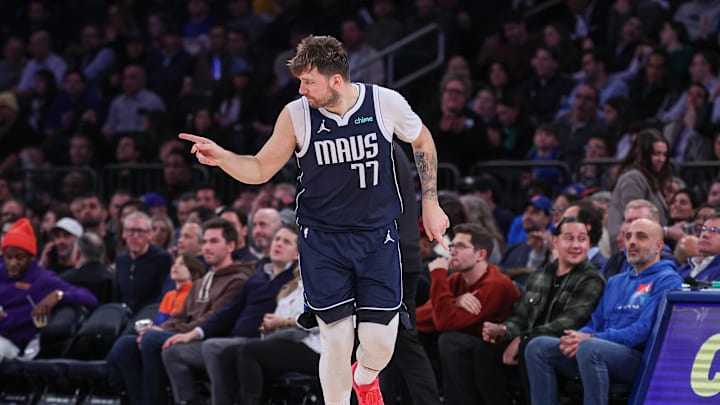 Feb 8, 2024; New York, New York, USA; Dallas Mavericks guard Luka Doncic (77) reacts after a basket against the New York Knicks during the second half at Madison Square Garden. Mandatory Credit: Vincent Carchietta-Imagn Images Feb 8, 2024; New York, New York, USA; Dallas Mavericks guard Luka Doncic (77) reacts after a basket against the New York Knicks during the second half at Madison Square Garden. Mandatory Credit: Vincent Carchietta-Imagn Images