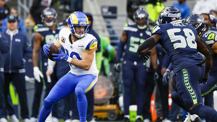 Nov 3, 2024; Seattle, Washington, USA; Los Angeles Rams wide receiver Cooper Kupp (10) catches a pass against the Seattle Seahawks during the first quarter at Lumen Field. Mandatory Credit: Joe Nicholson-Imagn Images