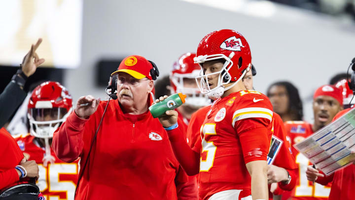 Feb 11, 2024; Paradise, Nevada, USA; Kansas City Chiefs head coach Andy Reid with quarterback Patrick Mahomes (15) against the San Francisco 49ers during Super Bowl LVIII at Allegiant Stadium. Mandatory Credit: Mark J. Rebilas-Imagn Images