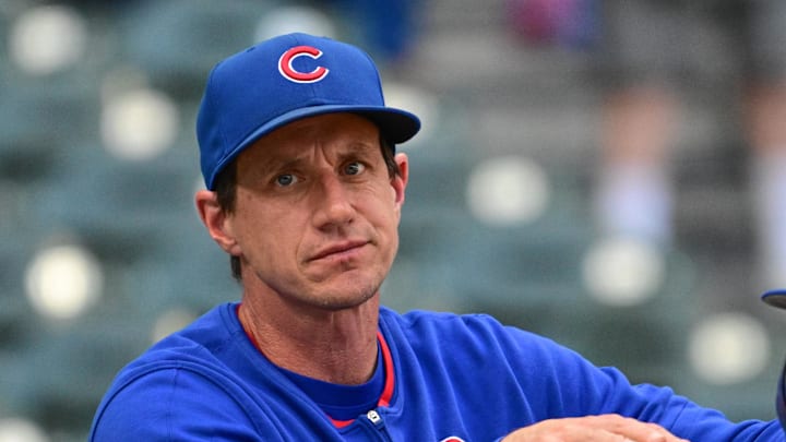 Jul 28, 2025; Milwaukee, Wisconsin, USA; Chicago Cubs manager Craig Counsell looks on during batting practice before game against the Milwaukee Brewers at American Family Field. Jul 28, 2025; Milwaukee, Wisconsin, USA; Chicago Cubs manager Craig Counsell looks on during batting practice before game against the Milwaukee Brewers at American Family Field.