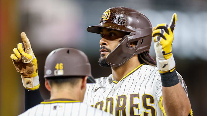 Apr 14, 2026; San Diego, California, USA; San Diego Padres right fielder Fernando Tatis Jr. (23) celebrates after hitting a RBI single during the third inning against the Seattle Mariners at Petco Park. Mandatory Credit: David Frerker-Imagn Images