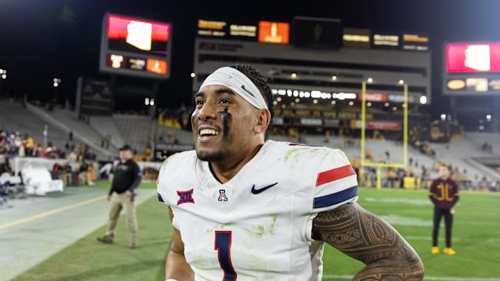 Nov 28, 2025; Tempe, Arizona, USA; Arizona Wildcats quarterback Noah Fifita (1) after defeating the Arizona State Sun Devils in the 99th Territorial Cup at Mountain America Stadium. Mandatory Credit: Mark J. Rebilas-Imagn Images