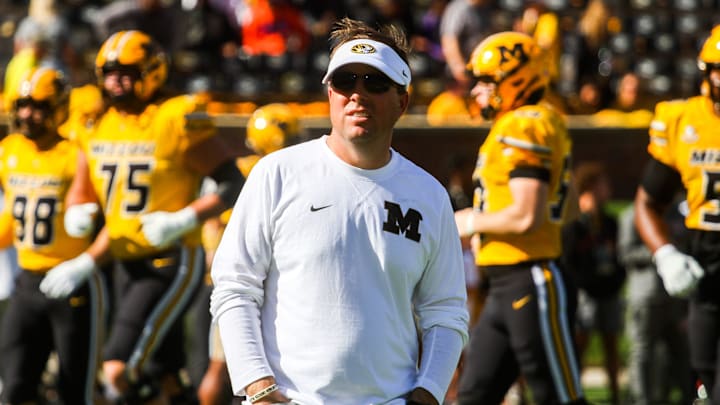 Missouri head coach Eli Drinkwitz looks on before a college football game against South Carolina at Memorial Stadium on Oct. 21, 2023, in Columbia, Mo.