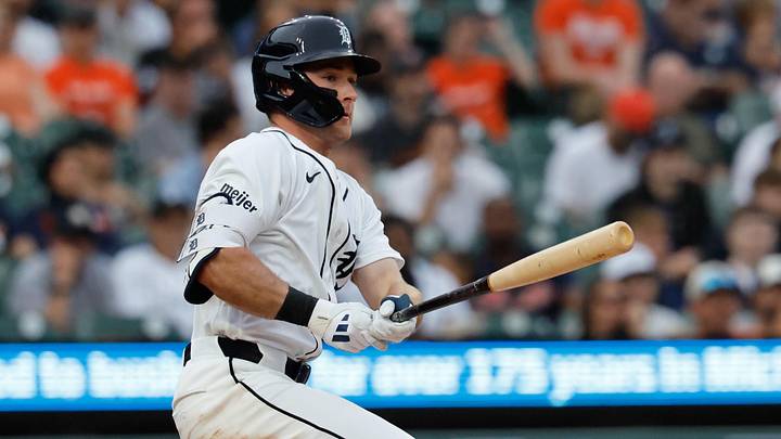 May 26, 2026; Detroit, Michigan, USA;  Detroit Tigers shortstop Kevin McGonigle (7) hits an RBI triple in the fifth inning against the Los Angeles Angels at Comerica Park. Mandatory Credit: Rick Osentoski-Imagn Images