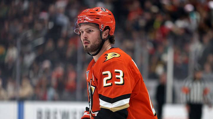 Dec 22, 2025; Anaheim, California, USA;  Anaheim Ducks center Mason McTavish (23) looks on during the first period against the Seattle Kraken at Honda Center. Mandatory Credit: Kiyoshi Mio-Imagn Images