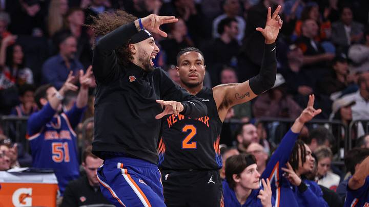 Apr 3, 2026; New York, New York, USA; New York Knicks guards Jose Alvarado (5) and Miles McBride (2) celebrate from the bench in the second quarter against the Chicago Bulls at Madison Square Garden. Mandatory Credit: Wendell Cruz-Imagn Images Apr 3, 2026; New York, New York, USA; New York Knicks guards Jose Alvarado (5) and Miles McBride (2) celebrate from the bench in the second quarter against the Chicago Bulls at Madison Square Garden. Mandatory Credit: Wendell Cruz-Imagn Images