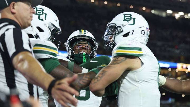 Oct 3, 2026; Tempe, Arizona, USA; Baylor Bears wide receiver London Smith (16) celebrates after Baylor Bears running back Caden Knighten (11) scores a touchdown against the Arizona State Sun Devils during the third quarter at Mountain America Stadium. Mandatory Credit: Anna Carrington Oct 3, 2026; Tempe, Arizona, USA; Baylor Bears wide receiver London Smith (16) celebrates after Baylor Bears running back Caden Knighten (11) scores a touchdown against the Arizona State Sun Devils during the third quarter at Mountain America Stadium. Mandatory Credit: Anna Carrington