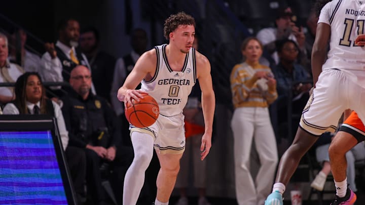 Mar 4, 2025; Atlanta, Georgia, USA; Georgia Tech Yellow Jackets guard Lance Terry (0) dribbles against the Miami Hurricanes in the first half at McCamish Pavilion. Mandatory Credit: Brett Davis-Imagn Images