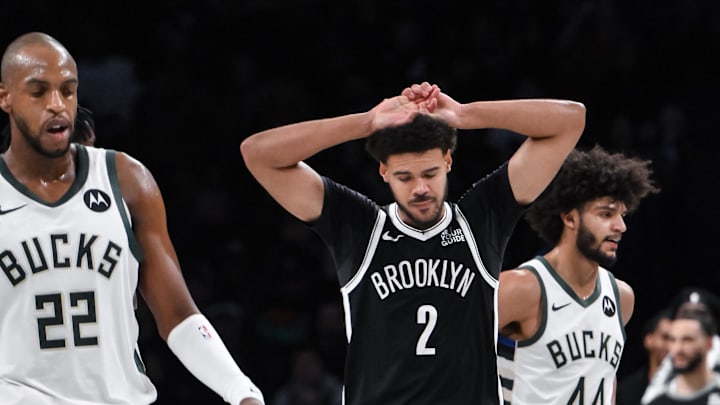 Dec 8, 2024; Brooklyn, New York, USA; Brooklyn Nets forward Cameron Johnson (2) reacts during the second half against the Milwaukee Bucks at Barclays Center. Mandatory Credit: John Jones-Imagn Images