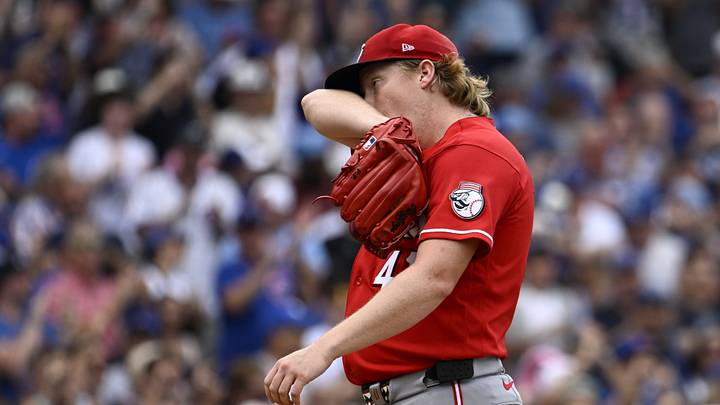 Aug 29, 2026; Chicago, Illinois, USA;  Cincinnati Reds pitcher Andrew Abbott (41) after the Chicago Cubs score during the first inning at Wrigley Field.  Mandatory Credit: Matt Marton-Imagn Images